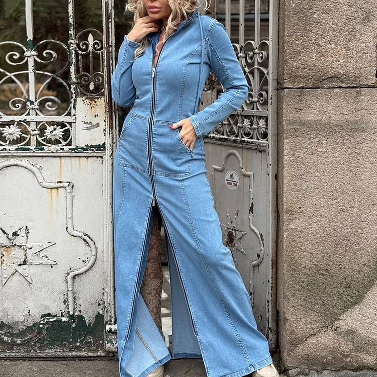 Casual Denim Long Sleeve Pocket Zipper Hooded Maxi Dress