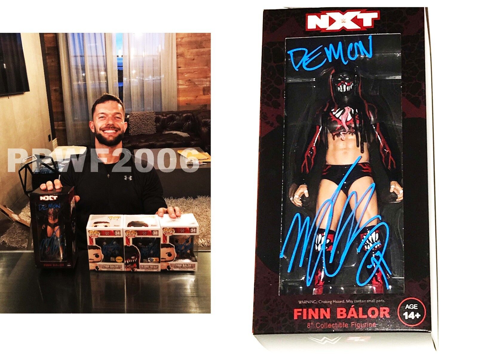 WWE FINN BALOR HAND SIGNED DEMON STATUE ACTION FIGURE 2K16 WITH Photo Poster painting PROOF COA