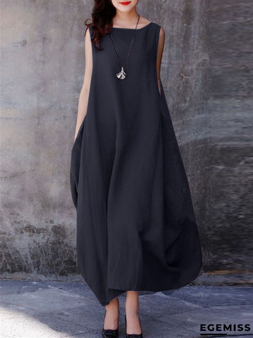 Cotton Linen Loose Large Swing Casual Solid Color Round Neck Pocket Dress | EGEMISS