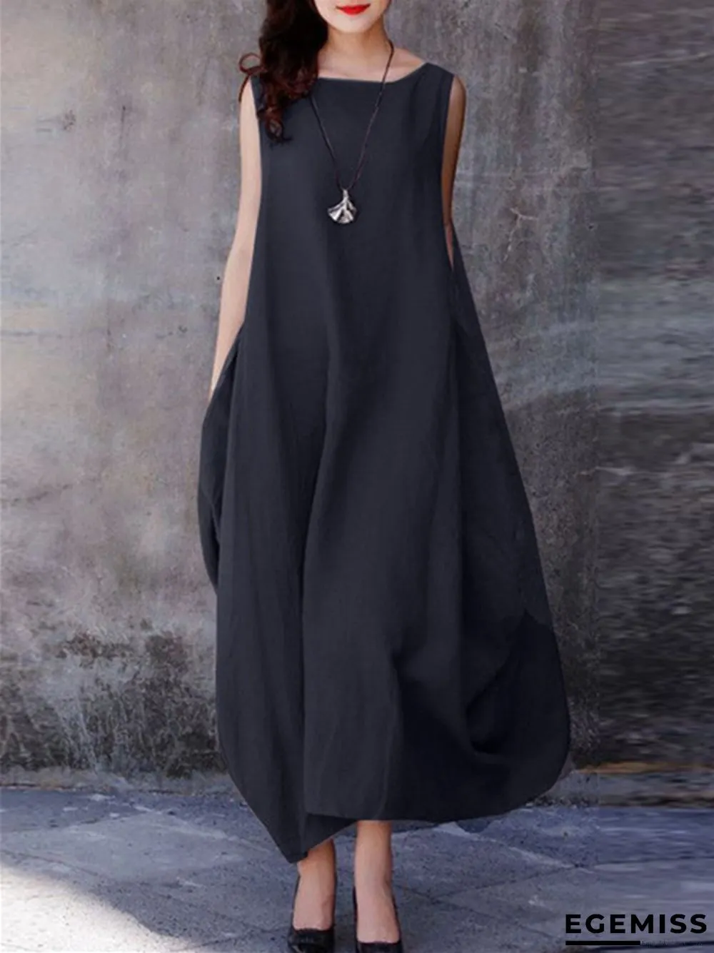 Cotton Linen Loose Large Swing Casual Solid Color Round Neck Pocket Dress | EGEMISS