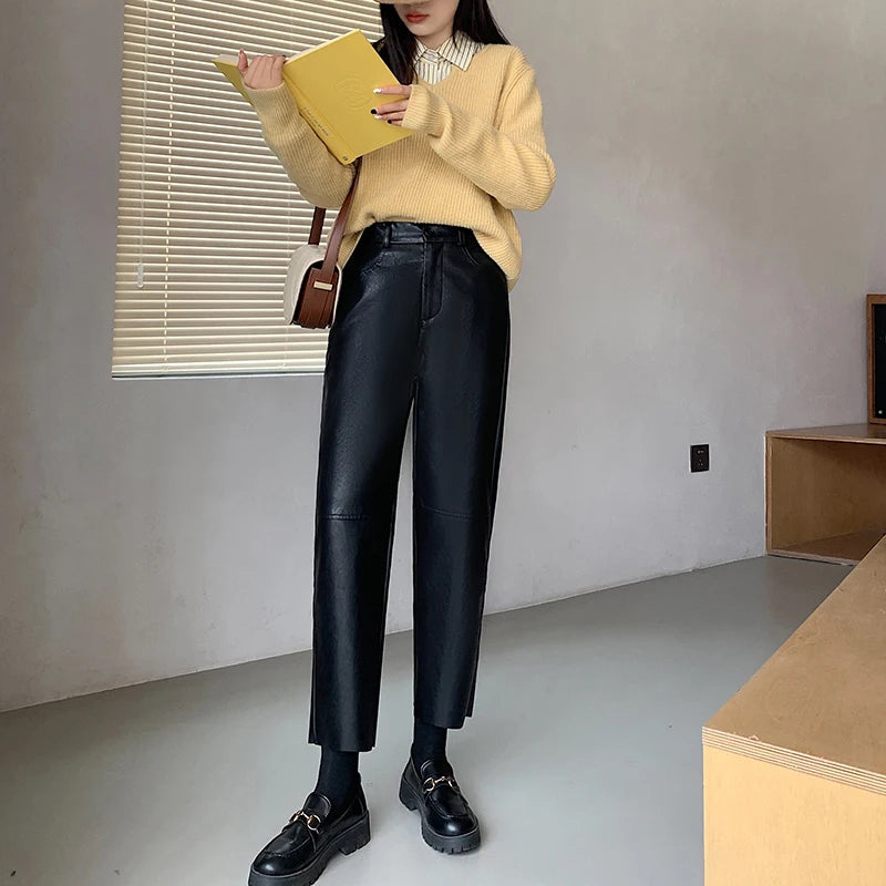 Syiwidii Burgundy Leather Pants Women Wide Leg Trousers Korean Style Y2k Fashion Loose Pants High Waisted Black Pu Baggy Pants LANFUBEISI