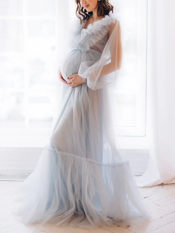Maternity V-Neck Solid Color Mesh Maxi Dress