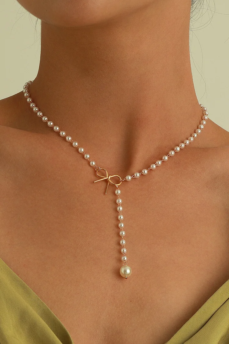 Alloy Bow Decor Faux Pearl Elegant Necklace