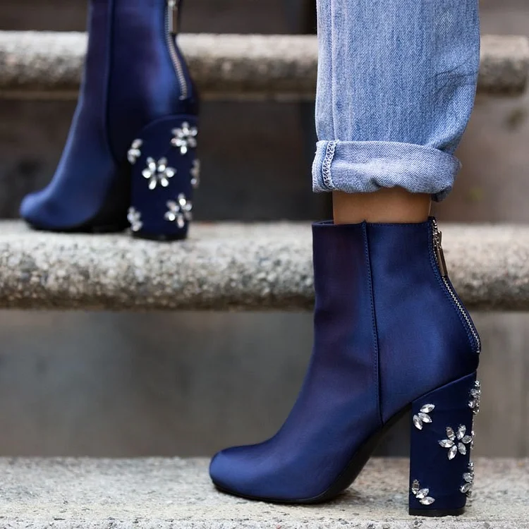 Women's Navy  Rhinestone Comfortable Velvet Chunky Heels Ankle Boots |FSJ Shoes