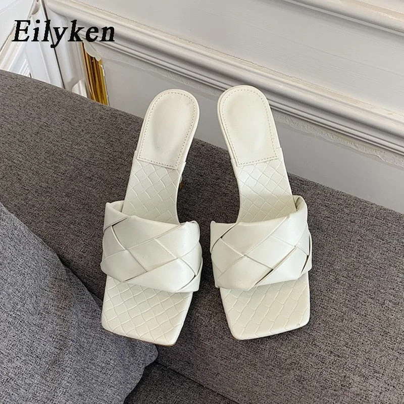 Eilyken Summer New Design Weave Square Toe Heels High Quality PU Leather Slippers Gladiator Beach Womens Sandal Slides Shoes