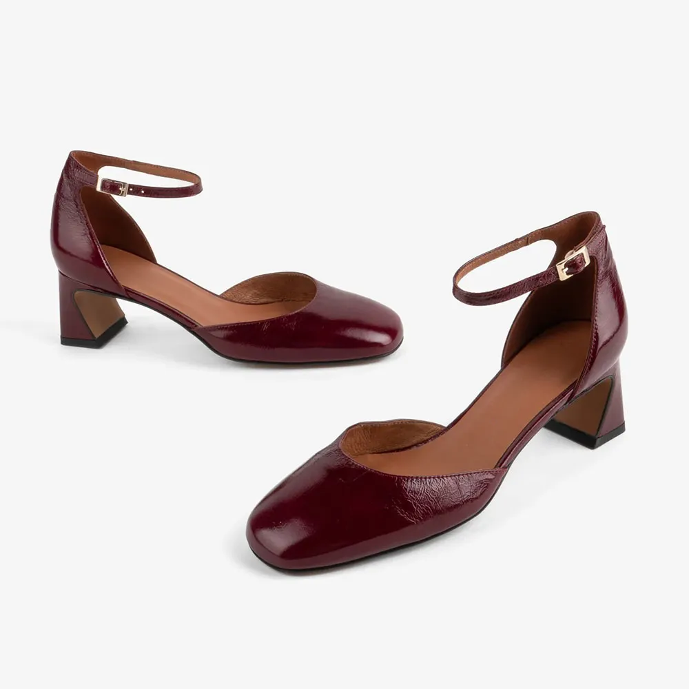 Maroon Faux Leather Square Toe Ankle Strap Heeled Pumps for Women