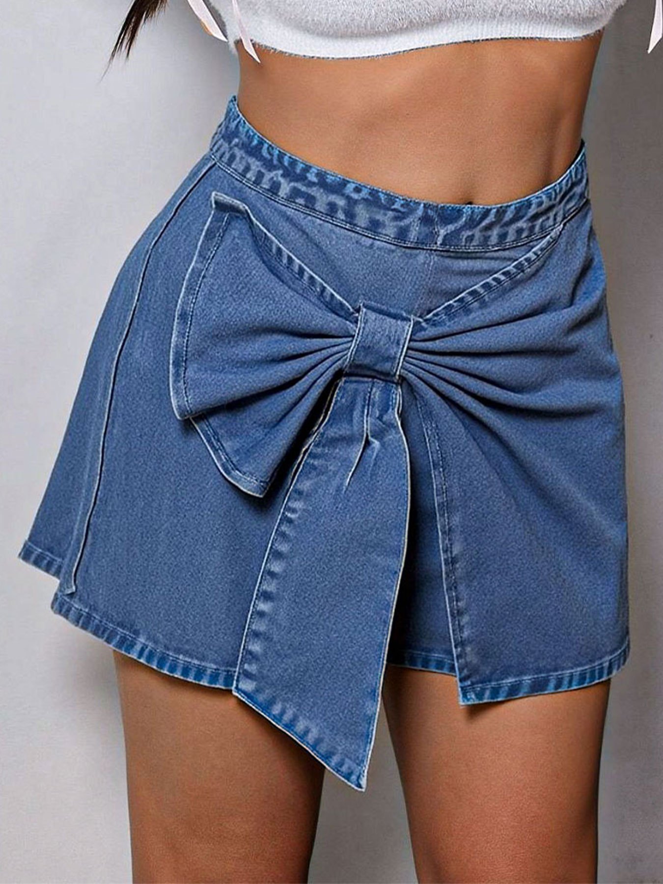 Vintage Plus Size Women's Blue Denim Mini Skirt | Fitted Butterfly Bow Detail, Elastic Waistband, Mid-Stretch Fabric For Summer Party & Casual Outfits, Comfortable Fashion, Stretchable Material