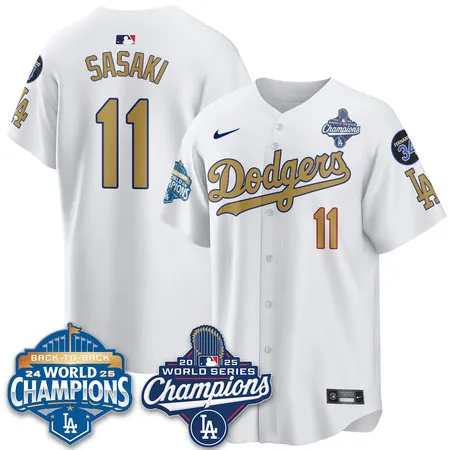 Men's Los Angeles Dodgers #11 Roki Sasaki White 2025 World Series Champions Jersey NHTB
