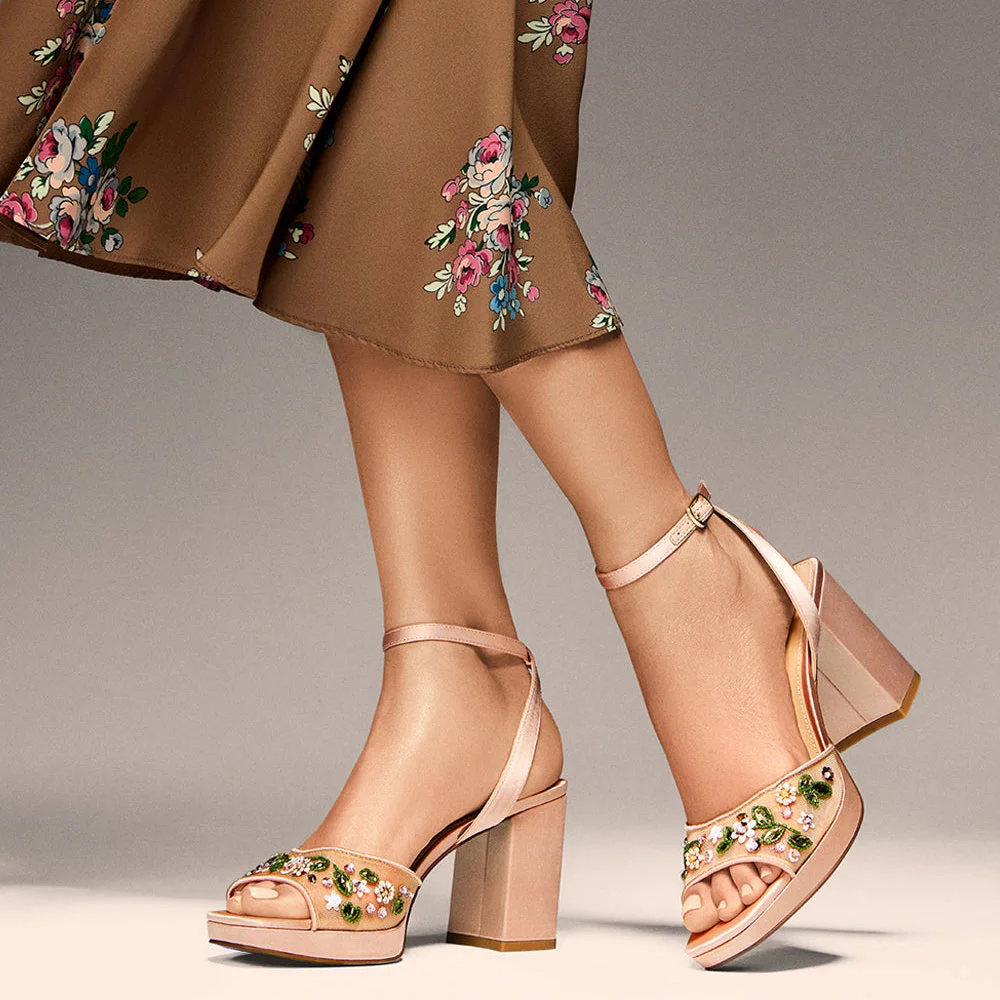 Nude Square Toe Block Heel Floral Ankle Strap Sandals with Platform