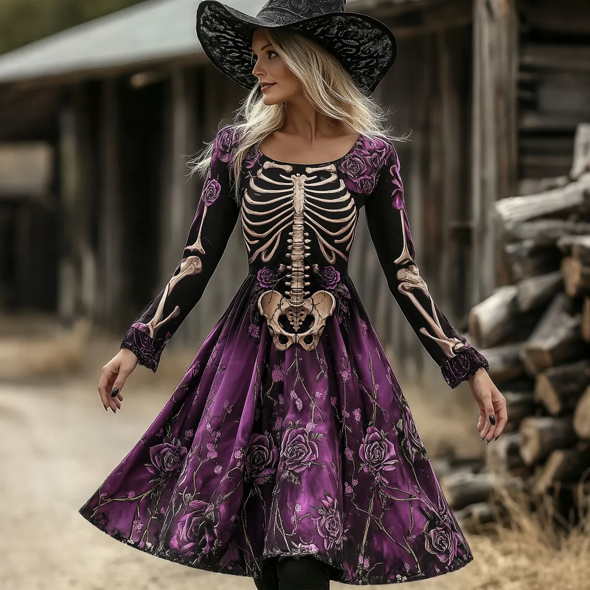 Women's Retro 1692 Halloween Skull And Spiderweb Print Casual  Dress artswardrobe