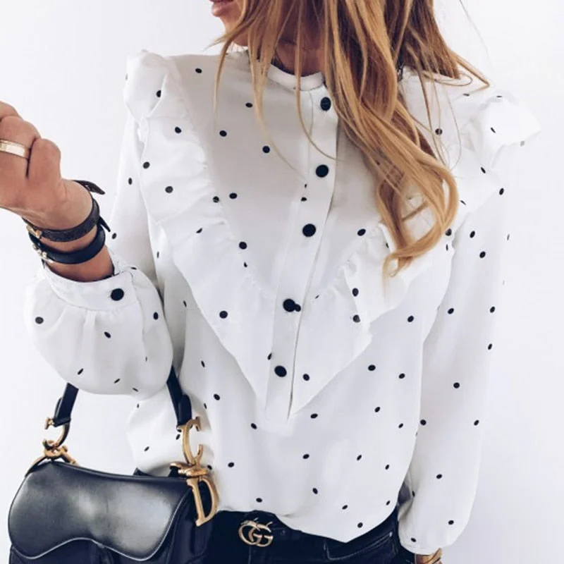 Spring Summer Women Polka Dot Ruffle Blouse Shirt Casual Elegant Office Long Sleeves Buttons Pullover Lady Autumn Streetwear Top