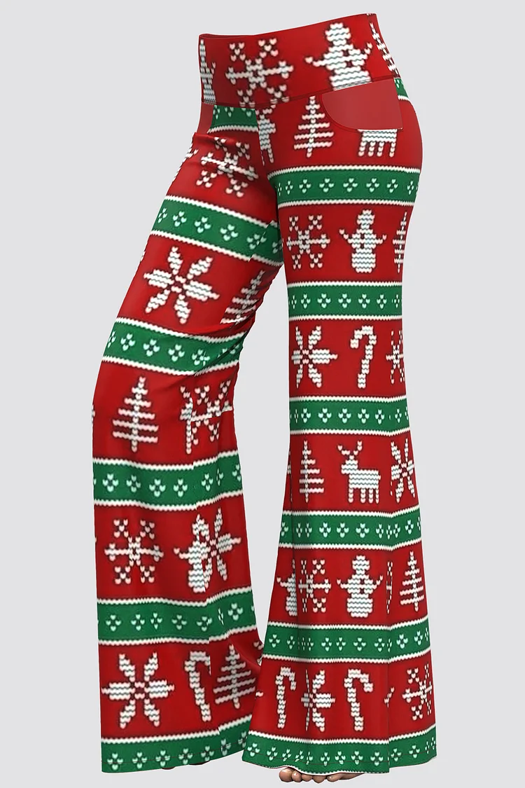 Flycurvy Plus Size Christmas Red Snowflake Snowman Print Contrast Color Ugly Bell Bottom Pants  Flycurvy [product_label]