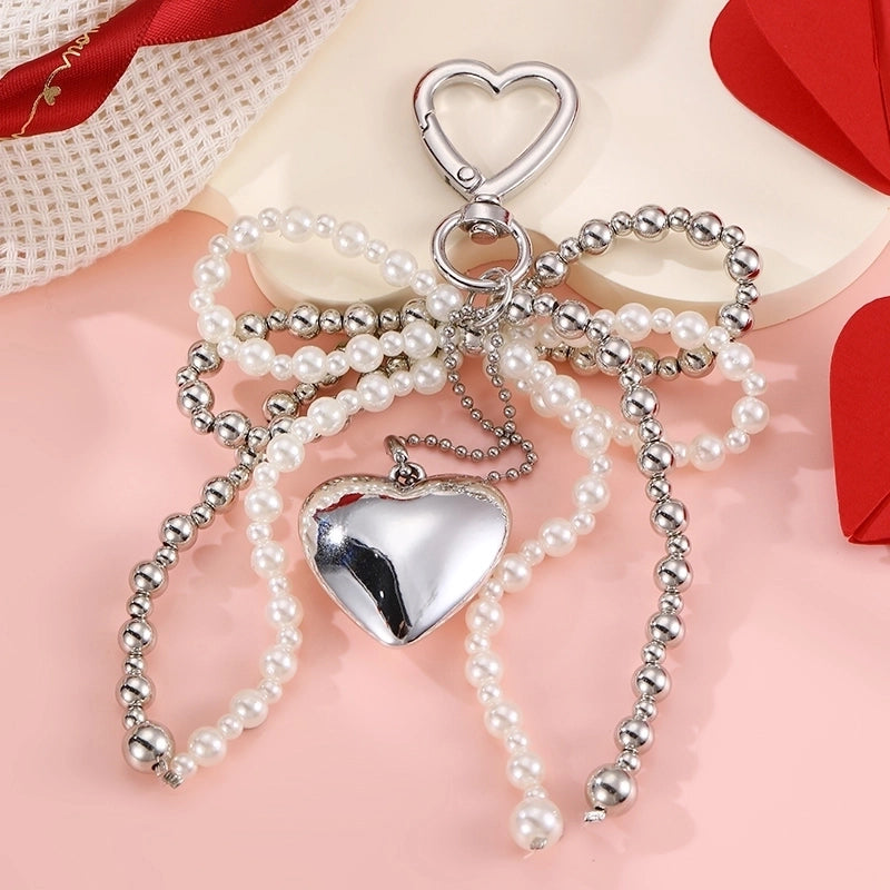 Sweet Cherry Heart Shape Bow Knot Artificial Pearl Alloy Polyester Bag Pendant Keychain