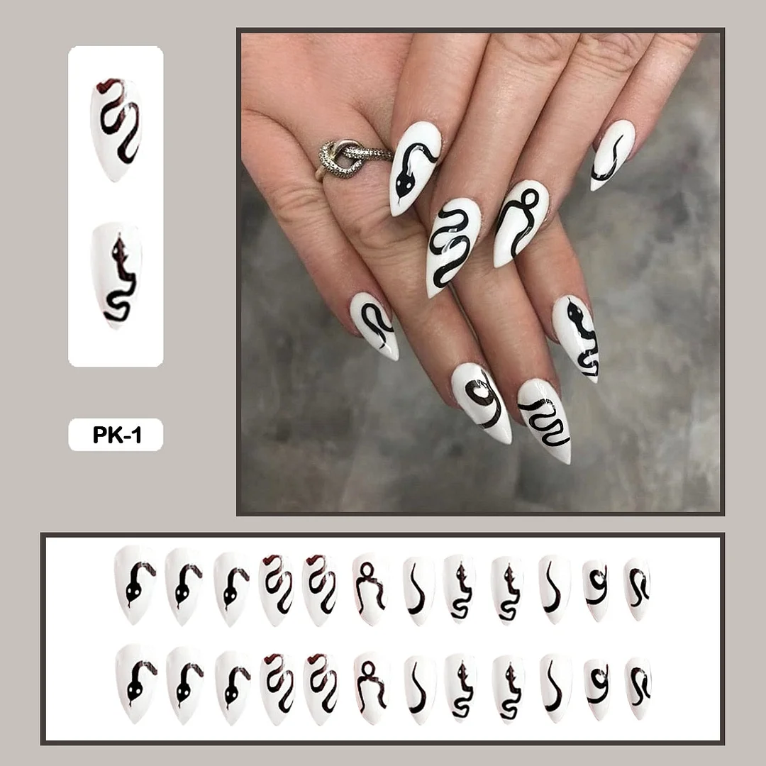 24PCS Dark Punk False Nails with Glue Gradient Long Detachable Fire Stick on Nails Skull Flame  Art DIY Fashion Manicure Tool-Nail Inspo