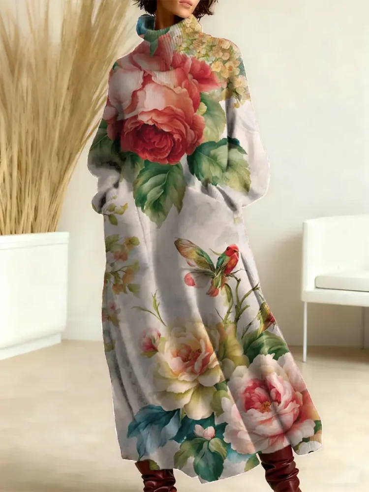 Women's Floral Pattern Art Print Casual Cotton Knitted Dress