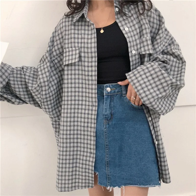 Blouses Women Ins Retro Basic Plaid All-match Simple Trendy Elegant Femme Shirts Turn-down Collar Chic Long Sleeve Womens Top