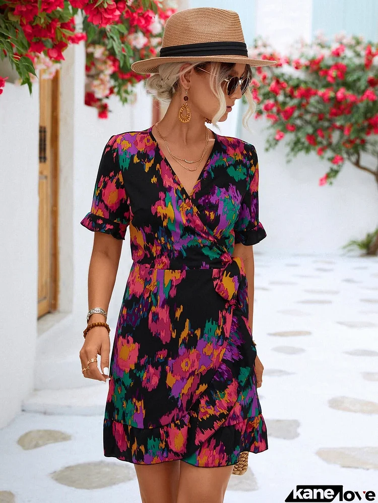 Printed Flounce Sleeve Tied Dress