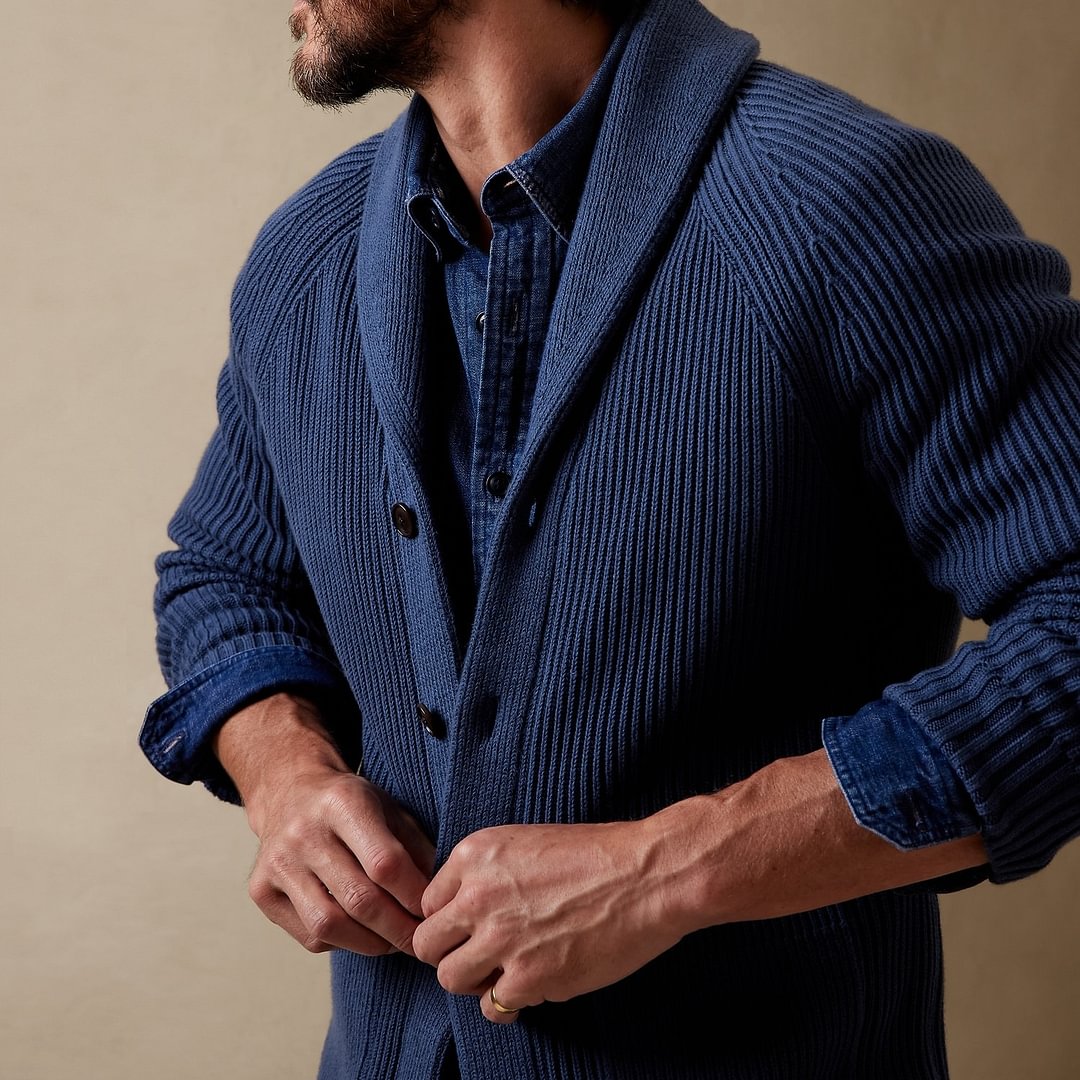 Men's Classic Vintage British Gentleman Shawl Collar Striped Dark Blue Cardigan