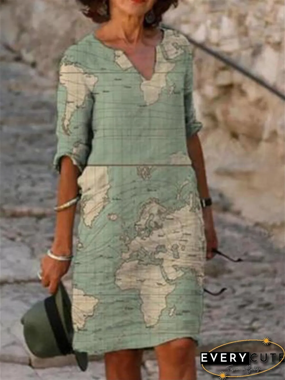 Half Sleeve Earth Printed V-Neck Dress