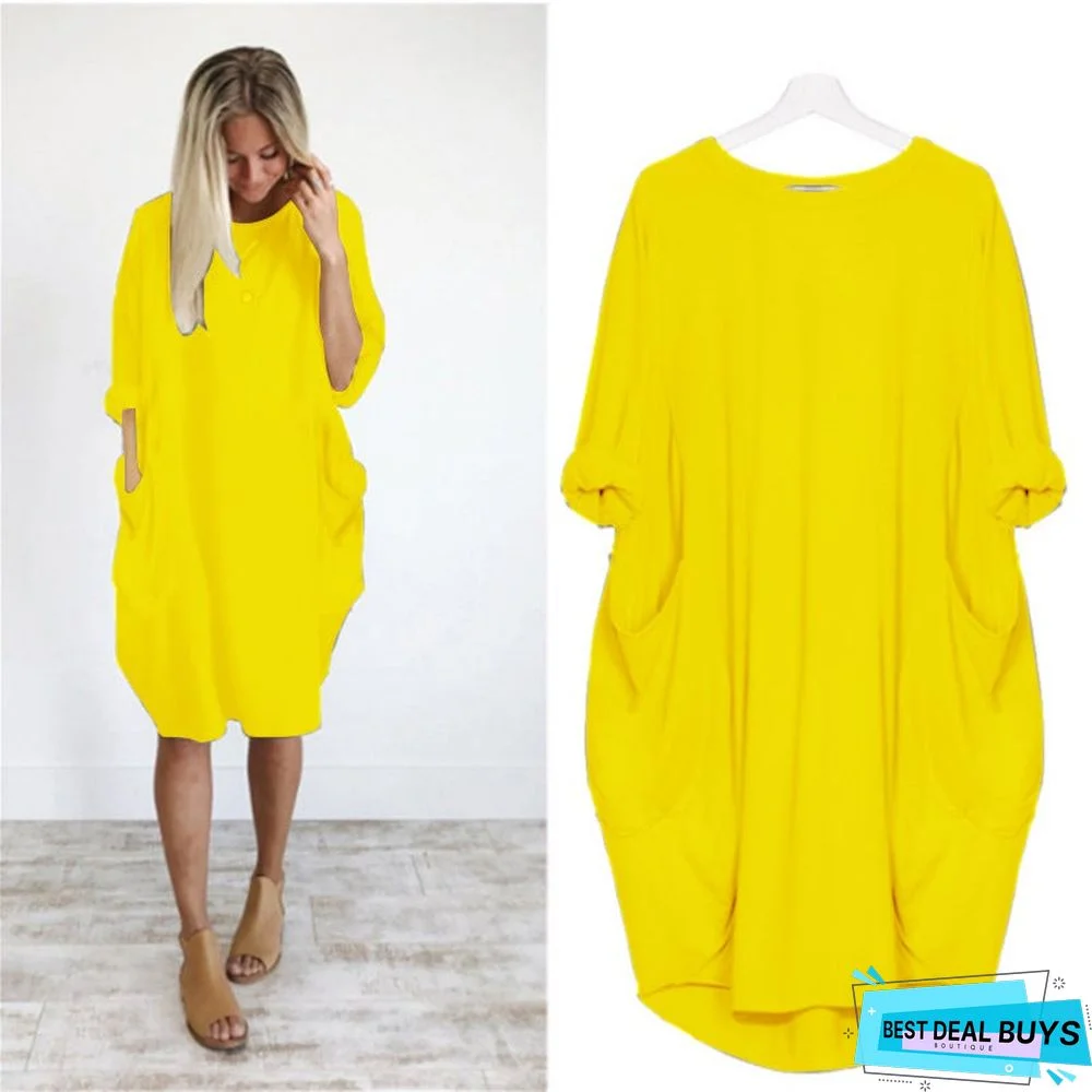 Women's Casual Loose Pocket Long-Sleeved Plus-Size Dress