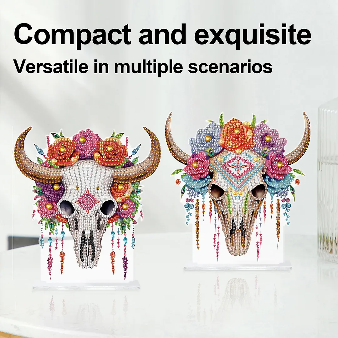 2Pcs DIY Diamond Art Tabletop Ornaments Reusable Special Gem Rhinestone Mosaic Craft Multi-Purpose Diamonds Art Suncatchers Flowers Gift for Craft Lovers (Floral Bull Skulls)