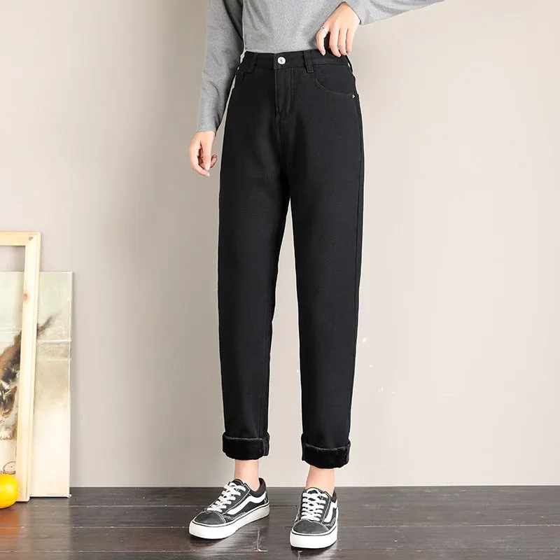 Warm Jeans Winter 2020 New Velvet Thick Mom Jeans High Waist Harem Trousers  Female Pantalon Loose Wide-leg Fleece Denim Pants