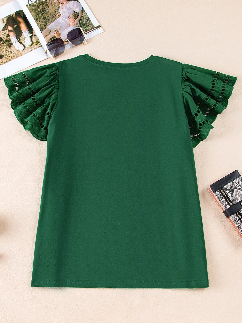 Green Eyelet Flutter Sleeve Plus Size Top