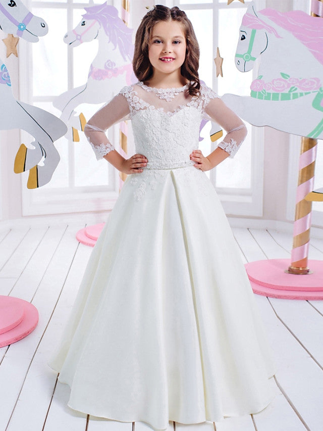 Oknass Princess 3/4 Length Sleeve Jewel Neck Flower Girl Dresses Cotton Lace With Lace Appliques