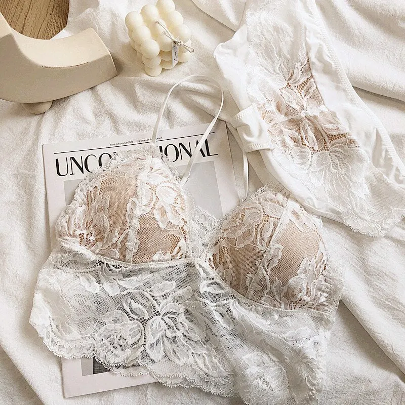 Sexy lingerie sets perspective lace bralette inside bra without steel ring triangle cup thin gathered suspenders underwear set
