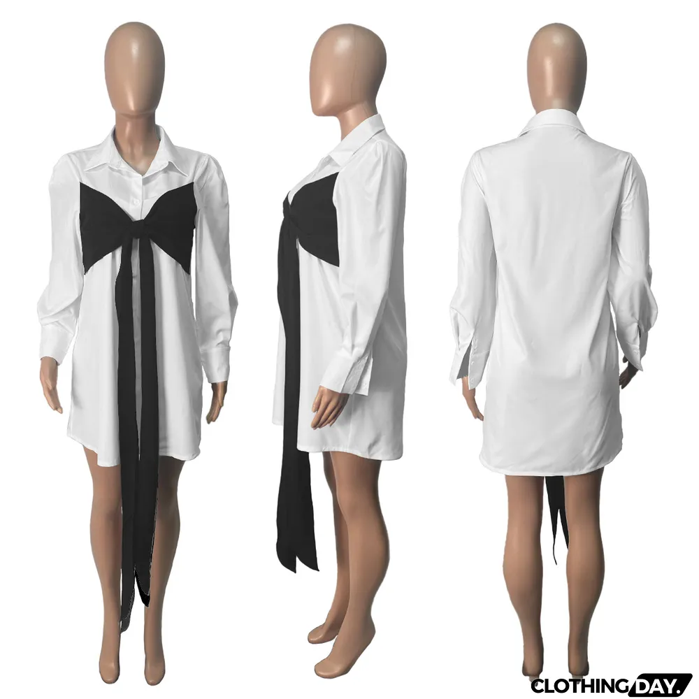 Contrast Colot Bow-Tie Long Sleeve Shirt Dress