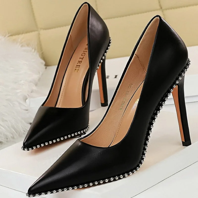 BIGTREE Shoes Rivet Woman Pumps 2021 New High Heels Stiletto Pu Leather Women Heels Sexy Party Shoes Female Heel Plus Size 43