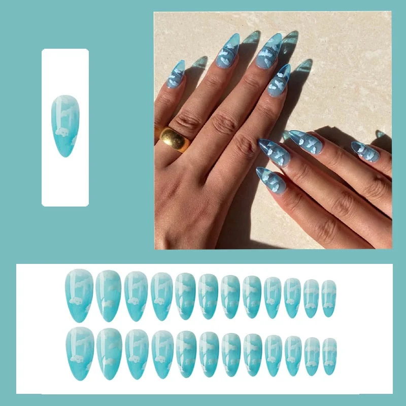 24pcs false nails matte Green Nails Patch with glue Removable Long Paragraph Fashion Manicure press on Nail tips free shipping-Nail Inspo