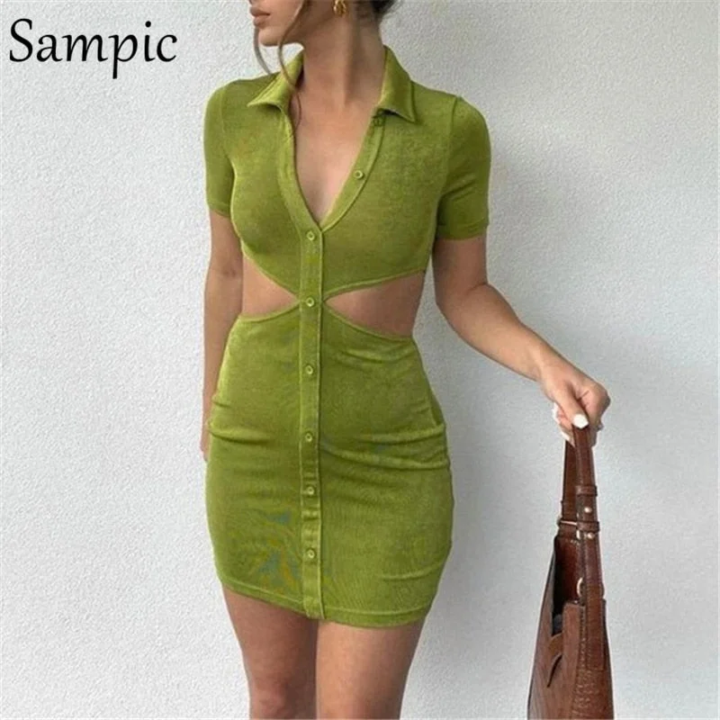 Sampic Fashion Women Turn Dow Collar Bodycon Short Sleeve Mini Blouse Dress Summer Party 2021 Cut Out Wrap Club Black Dresses