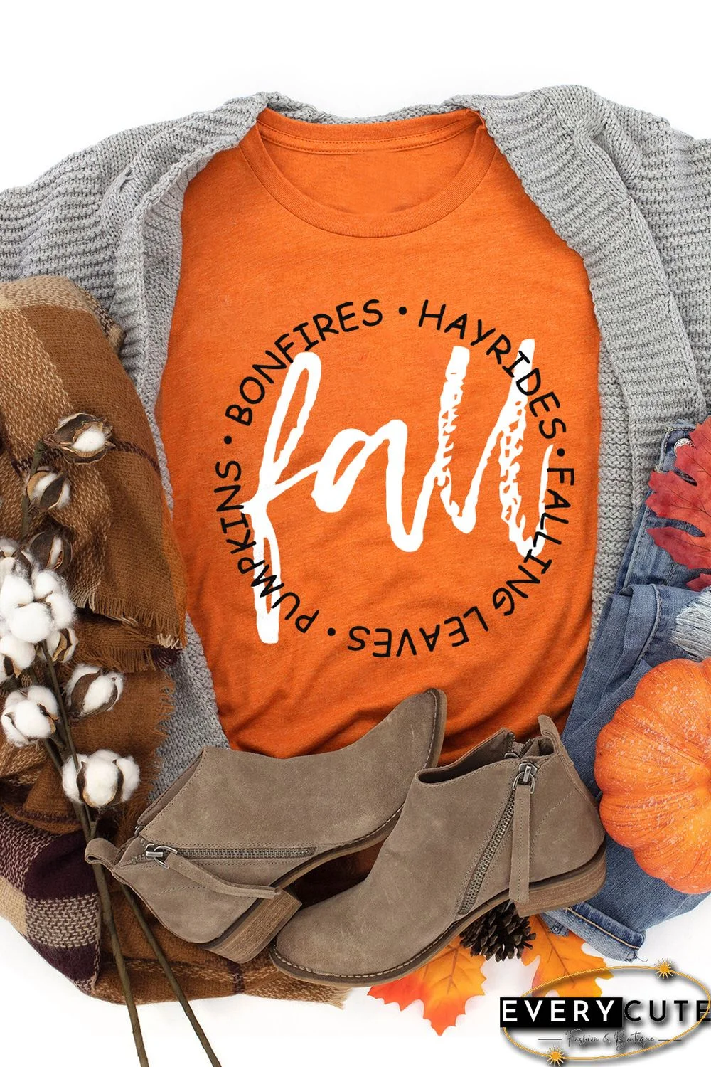 Orange Fall Letter Print Crew Neck Graphic T Shirt