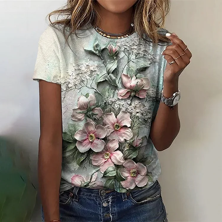 Vintage Flower Print Round Neck Short Sleeve T-Shirt