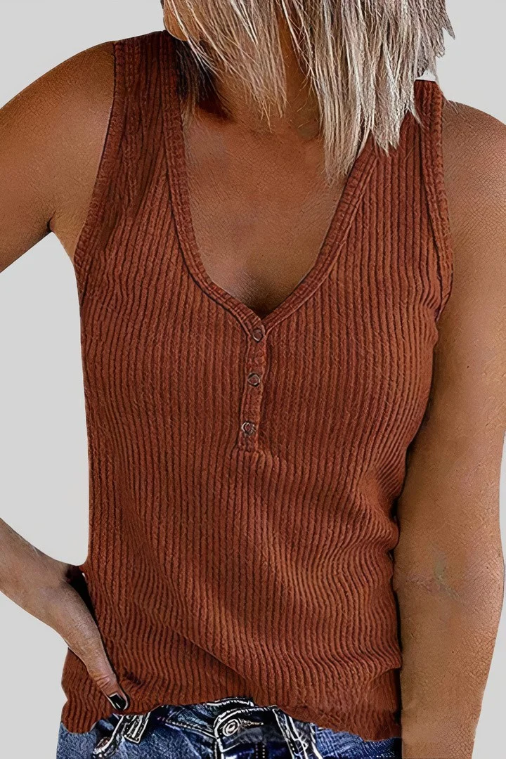 Solid Ribbed Button Detail Tank Top