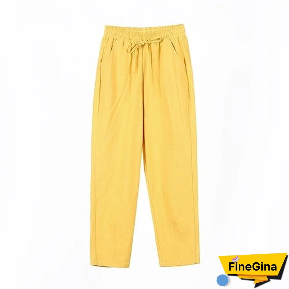 Woman Summer Harem Pants Vintage Candy Colors Cotton Linen Wide Leg Pants Solid Elastic Waist Ankle-length Capris Trousers