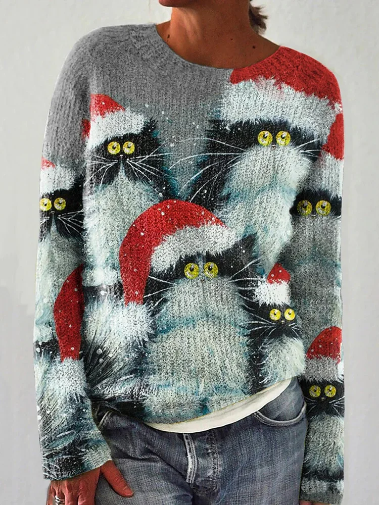Funny Christmas Cat Print Casual Knit Pullover Sweater
