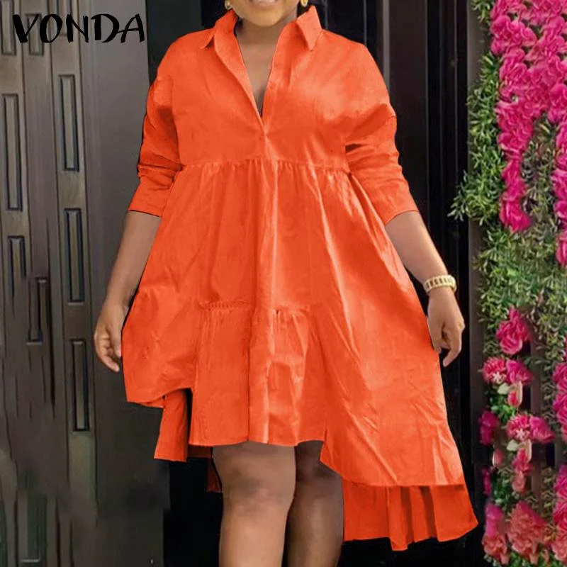 Autumn Dress VONDA 2022 Casual Lapel Collar Asymmetric Hem Solid Party Vestidos Women Long Sleeve Pleated Dresses Femme Robes