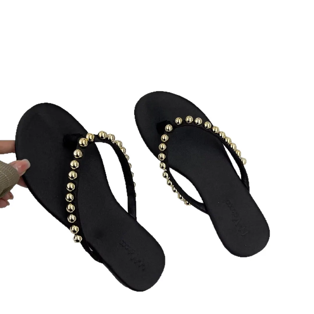 Breakj Breakj Pearl Leather Flat-Bottomed Flip-Flops Women Wear The New Summer 2025 Summer New Trendy Beach Feet Cool Drag
