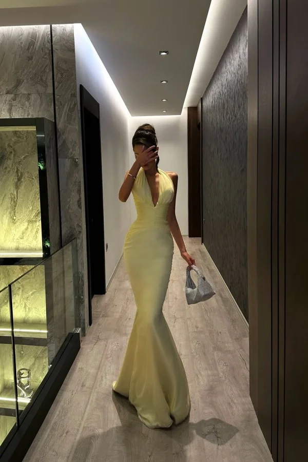 Yellow Sexy V-Neck Halter Strap Backless Pleated Mermaid Prom Dress YK0104