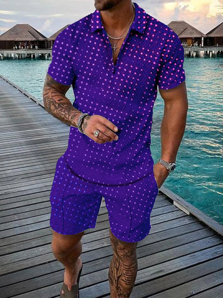 Men's Casual Resort Polka Dot Print Polo Shirt Set