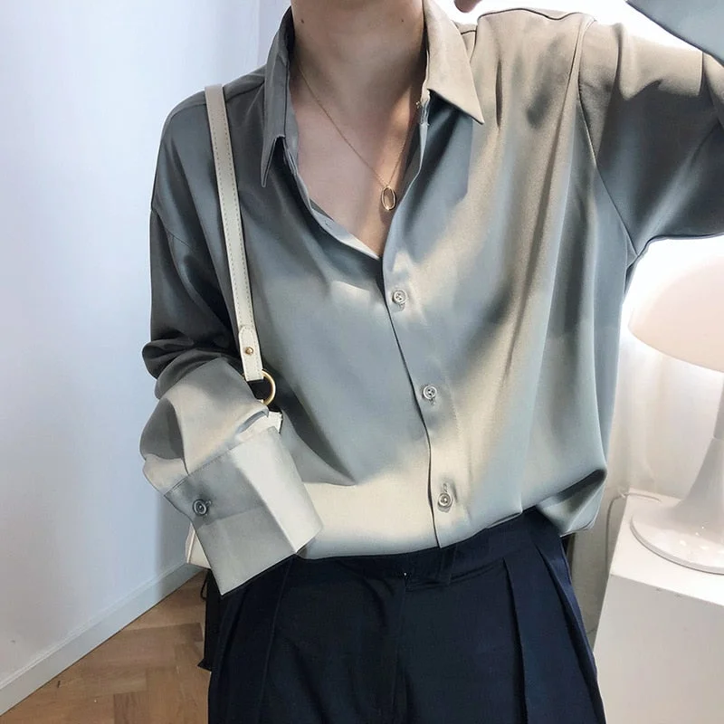 Spring Autumn 2023 New Women's Turn Down Collar Blouse Singel Breasted Solid Color Casual Chic Shirt Tops For Fashion