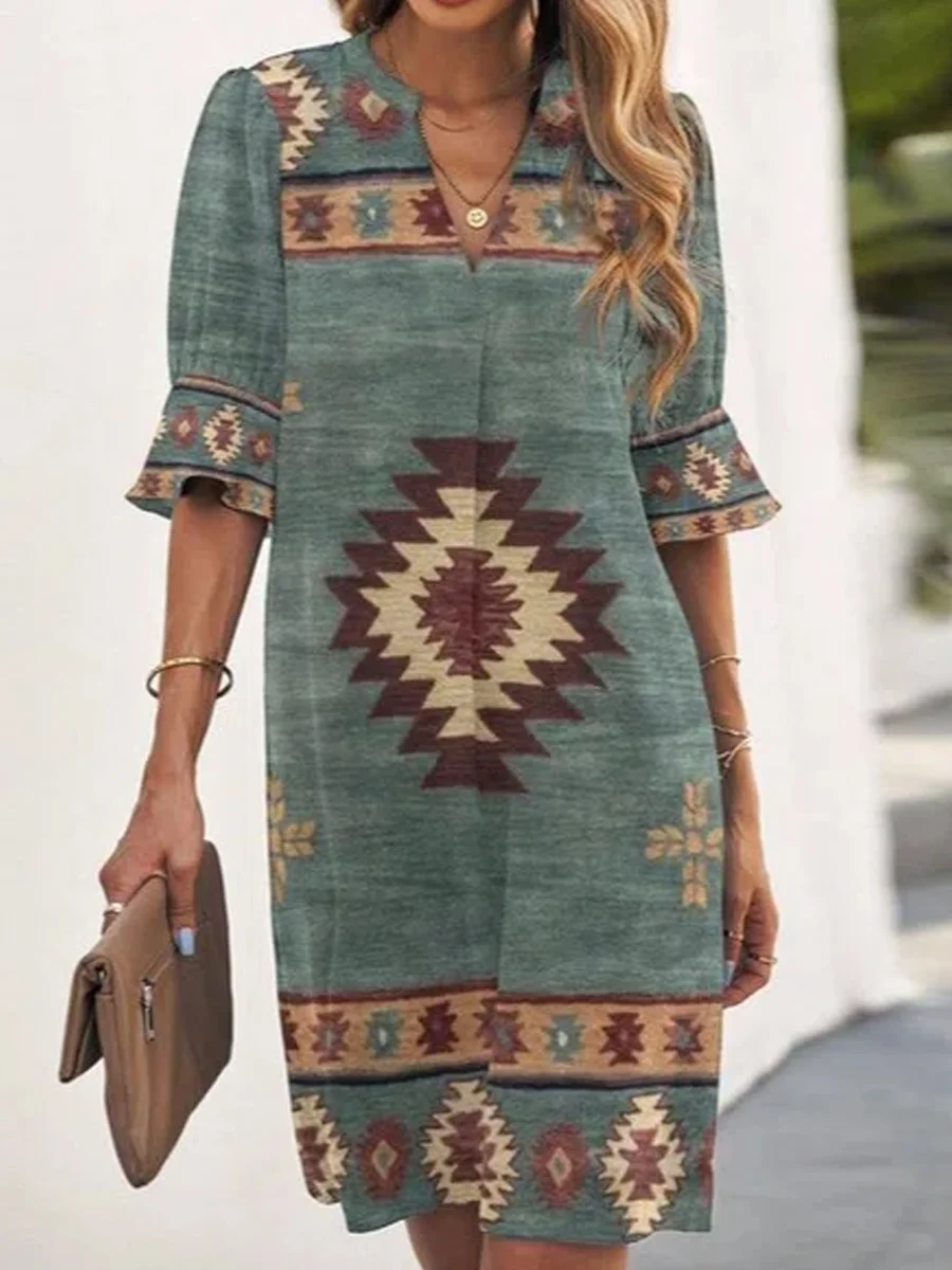 Vintage Print V-Neck Mid-Sleeve Dress
