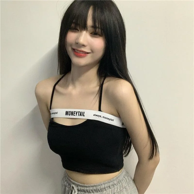 Asia White Letter Hot  Korea Hollow Out Korean Women Cotton Big Bust Tank Tops Slim Short Mini Top 2023 New Summer Tops 2D8R