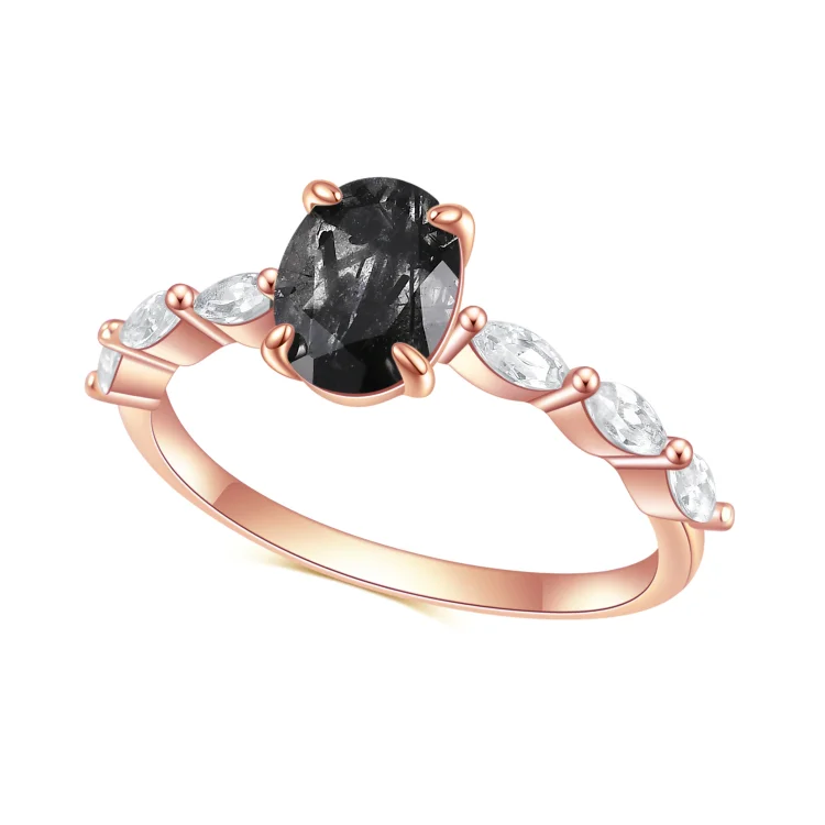 Oval Cut Black Rutilated Quartz Rose Gold Engagement Ring