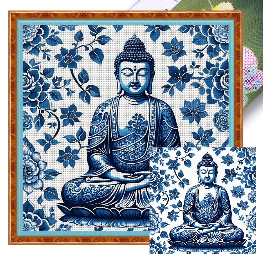 Blue And White Porcelain-Buddha Statue Full 14CT Pre-stamped Canvas(40*40cm) Cross Stitch
