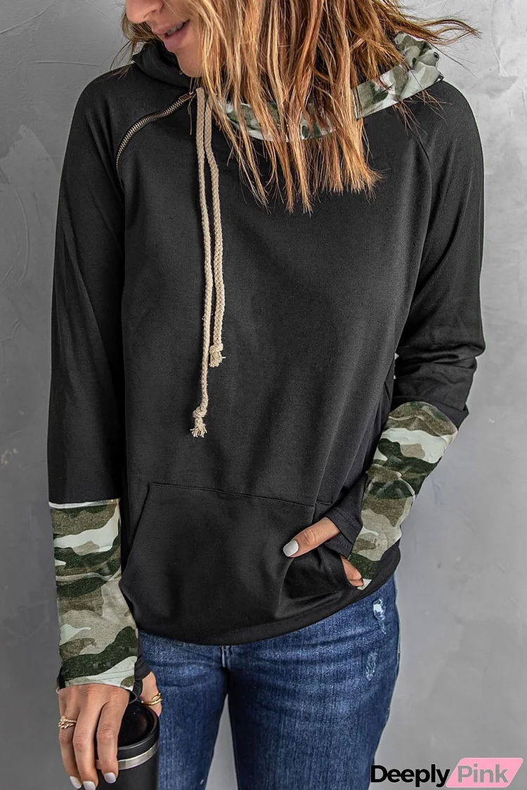 Women's Green Camo Print Double Hoods Thumb Hole Hoodie