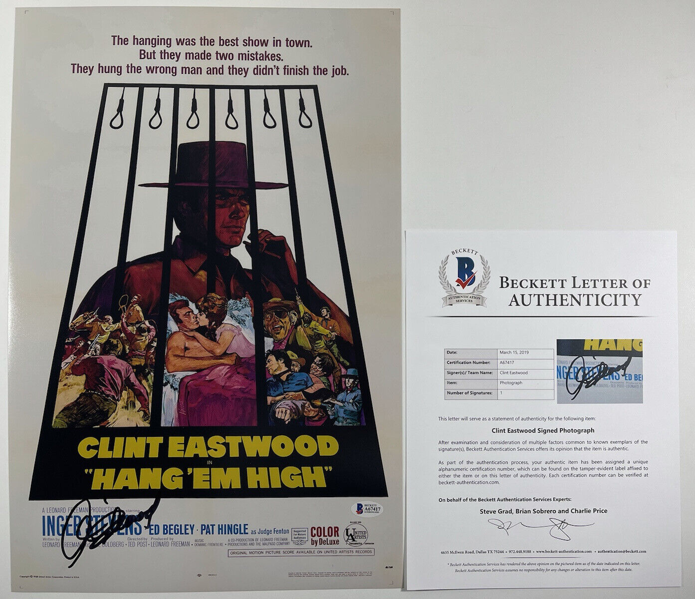 CLINT EASTWOOD SIGNED HANG EM HIGH 12x18 Photo Poster painting MOVIE POSTER BAS LOA #A67417