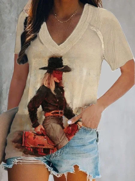 🔥Buy 2 Get 5% Off🔥Women's Retro Western Cowgirl Print V-Neck Short Sleeves Top